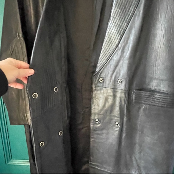 Vintage Black Leather Long Double-Breasted Coat – Trench Jacket Shawl Collar PM - Picture 7 of 8